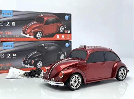 WSTER WS-1939 BEETLE Araba Görünümlü Taşınabilir Kablosuz Bluetooth Hoparlör ve Radyo KIRMIZI