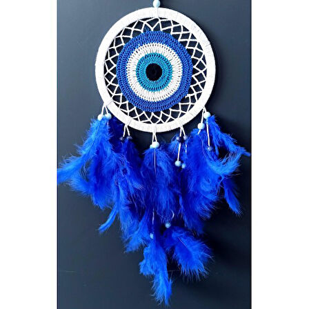 Saks Mavisi Kuş Tüylü Dream Catcher Nazar Boncuğu Motifli Düş Kapanı Duvar Süsü