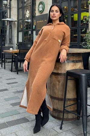 Taba Çift Taraflı Kapüşonlu, Yırttmaç Detaylı, Duble Yumoş Kaşe Uzun Elbise