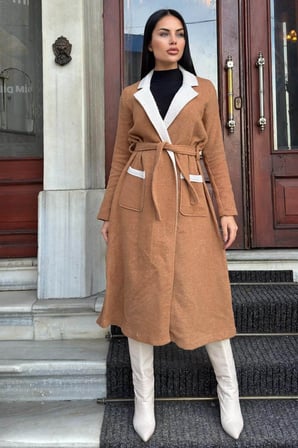 Taba Çift Taraflı Kruvaze Yaka, Kuşaklı, Yumoş Dokulu, Duble Kaşe Uzun Ceket