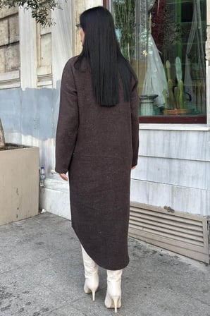 Kahve Çift Taraflı Yumoş Dokulu, Aplike Detaylı, Duble Kaşe Gömlek Elbise