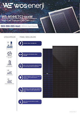 Wos Enerji 585w Watt Güneş Paneli Half-cut Topcon Çift Cam Solar Panel (ÇİFT YÖNLÜ)