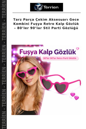 Tarz Parça Çekim Aksesuarı Gece Kombini Fuşya Retro Kalp Gözlük – 80’ler 90’lar Stil Parti Gözlüğü
