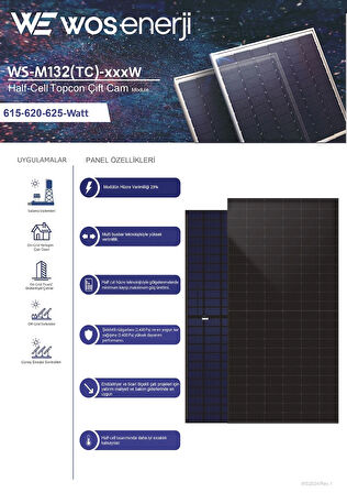 Wos Enerji 625 W Watt Güneş Paneli Half-Cut Topcon Çift Cam Solar Panel (ÇİFT YÖNLÜ)