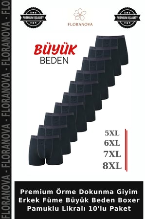 Premium Örme Dokunma Giyim Erkek Füme Büyük Beden Boxer Pamuklu Likralı 10'lu Paket