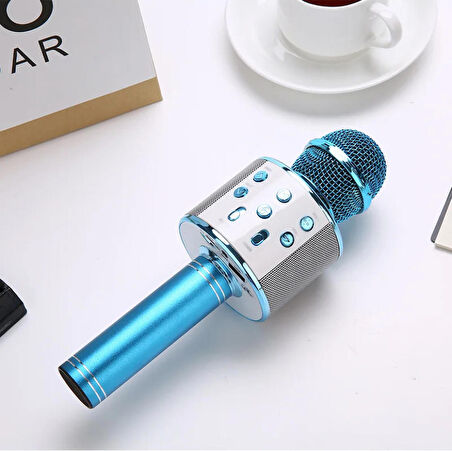 WS-858L Led Işıklı Bluetooth Hoparlörlü Karaoke Mikrofon MAVİ