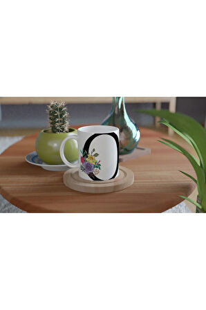 O Harfi Çiçek Süslemeli Harfli Kupa Bardak