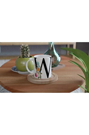 V Harfi Çiçek Motifli Harfli Kupa Bardak