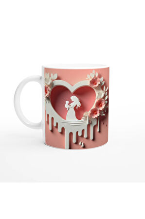 Çiçekli Kalp Silüetli Anne ve Çocuk Temalı Kupa Bardak