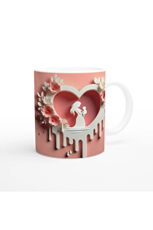 Çiçekli Kalp Silüetli Anne ve Çocuk Temalı Kupa Bardak