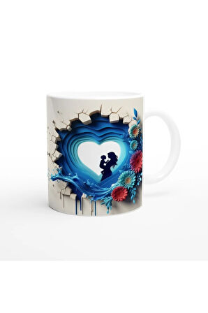 Katmanlı Kalp Desenli Mavi Çiçekli Anne ve Çocuk Kupa Bardak