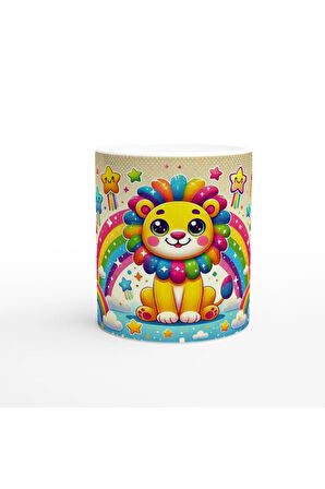 Gökkuşağı Yelesiyle Neşeli Aslan Temalı Çocuklara Özel Baskılı Kupa Bardak