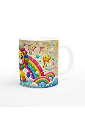 Gökkuşağı Yelesiyle Neşeli Aslan Temalı Çocuklara Özel Baskılı Kupa Bardak