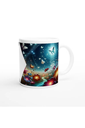 Büyülü Çiçek Bahçesi ve Kelebekler Baskılı Kupa Bardak