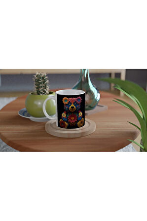 Çiçekli Sevimli Ayıcık Temalı Renkli Sanatsal Kupa Bardak