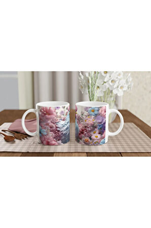 Pastel Renkli Çiçekler Arasında Mavi Horoz Baskılı Kupa Bardak