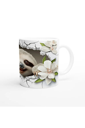 Beyaz Çiçekler Arasından Bakan Tembel Hayvan Baskılı Kupa Bardak