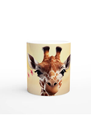 Pembe Çiçekler Arasında Zürafa Temalı Baskılı Kupa Bardak