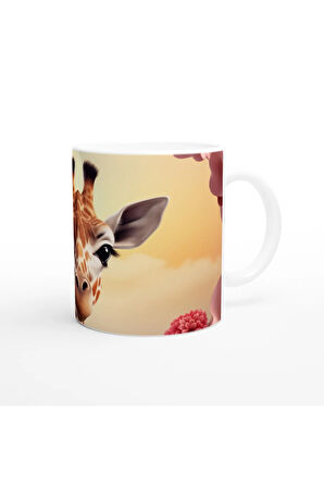 Pembe Çiçekler Arasında Zürafa Temalı Baskılı Kupa Bardak