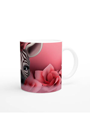 Pembe Çiçekler Arasında Zebra Temalı Baskılı Kupa Bardak