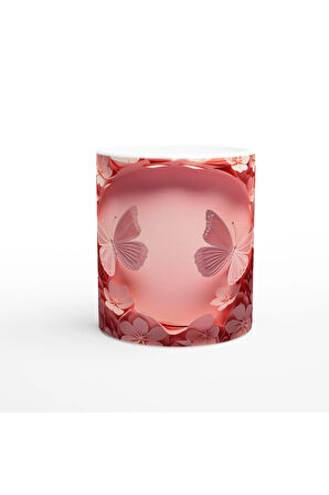 Romantik Çiçek Bahçesinde Uçuşan Kelebekler Temalı Baskılı Kupa Bardak