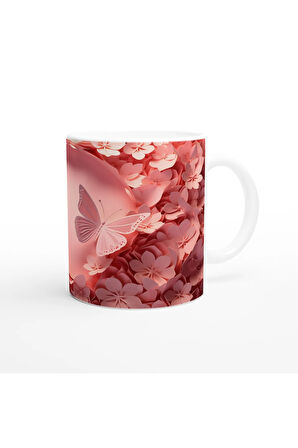 Romantik Çiçek Bahçesinde Uçuşan Kelebekler Temalı Baskılı Kupa Bardak