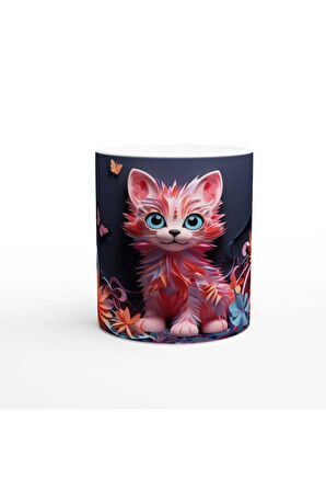 Renkli Çiçekler Arasında Neşeli Kedi ve Kelebekler Baskılı Kupa Bardak