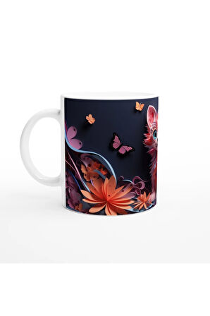 Renkli Çiçekler Arasında Neşeli Kedi ve Kelebekler Baskılı Kupa Bardak