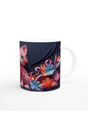 Renkli Çiçekler Arasında Neşeli Kedi ve Kelebekler Baskılı Kupa Bardak