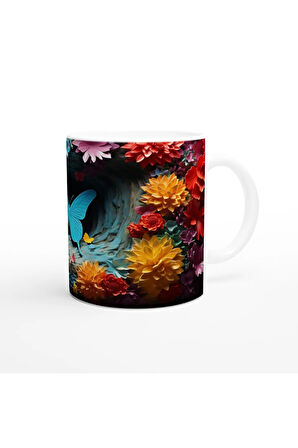 Çiçekler Bahçesinde Parlayan Mavi Kelebek Baskılı Kupa Bardak