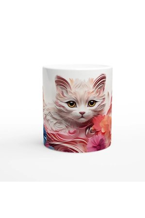 Renkli Çiçekler Arasında Meraklı Kedi Temalı Baskılı Kupa Bardak