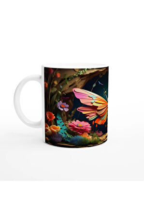 Büyülü Bahçede Uçan Renkli Kelebek Temalı Baskılı Kupa Bardak