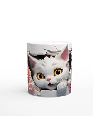 Çiçekler Arasından Bakan Neşeli Kedi Baskılı Kupa Bardak