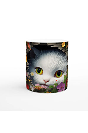 Renkli Çiçeklerle Çevrili Meraklı Kedi Baskılı Kupa Bardak