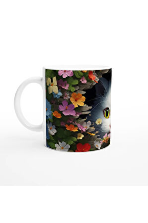 Renkli Çiçeklerle Çevrili Meraklı Kedi Baskılı Kupa Bardak