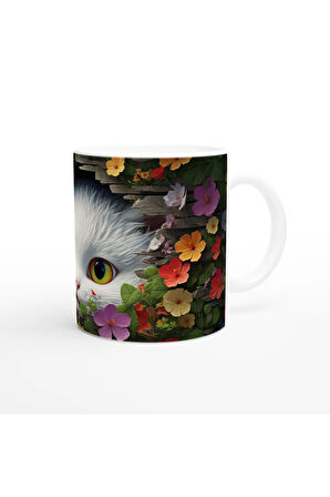 Renkli Çiçeklerle Çevrili Meraklı Kedi Baskılı Kupa Bardak