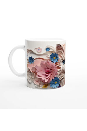 Kağıt Çiçeklerle Süslenmiş Mavi Gözlü Kedi Baskılı Kupa Bardak