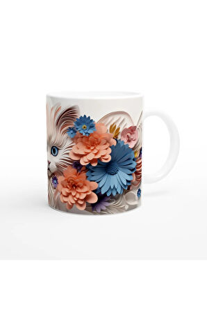 Kağıt Çiçeklerle Süslenmiş Mavi Gözlü Kedi Baskılı Kupa Bardak