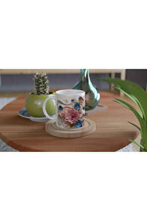 Kağıt Çiçeklerle Süslenmiş Mavi Gözlü Kedi Baskılı Kupa Bardak