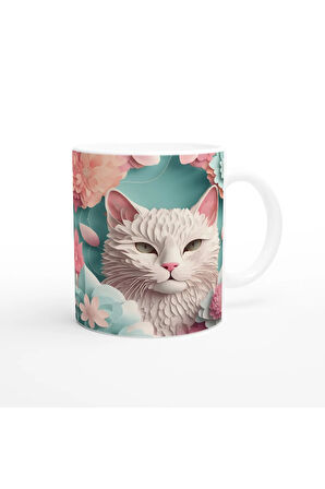 Pastel Çiçekler Arasında Bembeyaz Kedi Baskılı Kupa Bardak