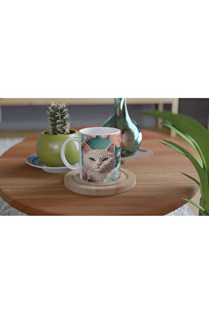 Pastel Çiçekler Arasında Bembeyaz Kedi Baskılı Kupa Bardak