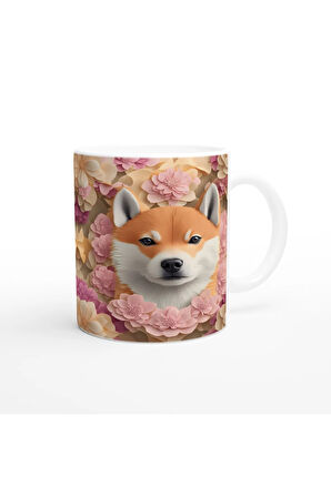 Pastel Çiçekler Arasında Shiba Inu Köpek Baskılı Kupa Bardak