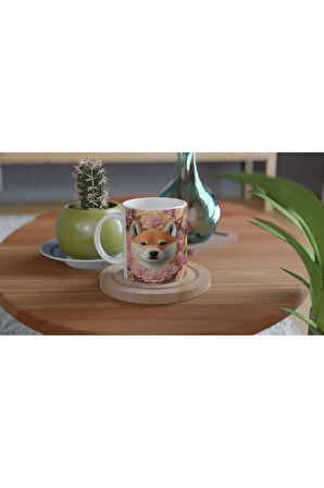 Pastel Çiçekler Arasında Shiba Inu Köpek Baskılı Kupa Bardak