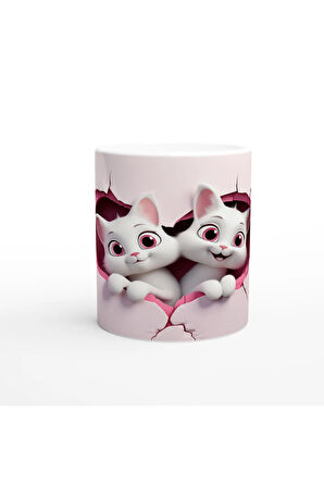 Pembe Duvarı Delen Sevimli İkiz Karikatür Kediler Baskılı Kupa Bardak