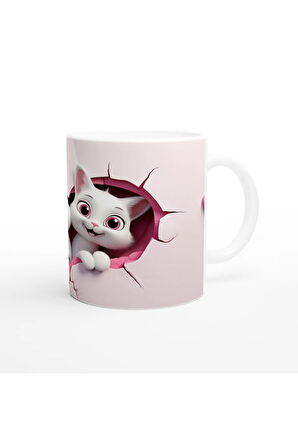 Pembe Duvarı Delen Sevimli İkiz Karikatür Kediler Baskılı Kupa Bardak