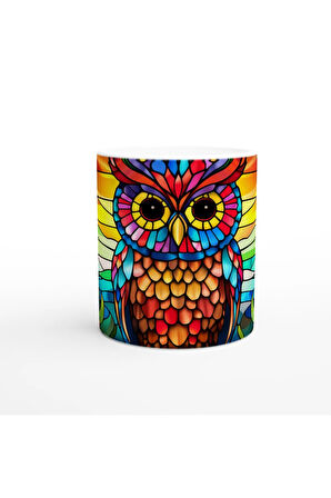 Renkli Vitray Baykuş Temalı Baskılı Kupa Bardak