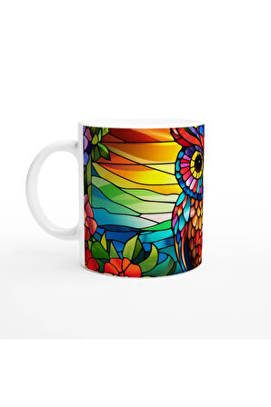 Renkli Vitray Baykuş Temalı Baskılı Kupa Bardak