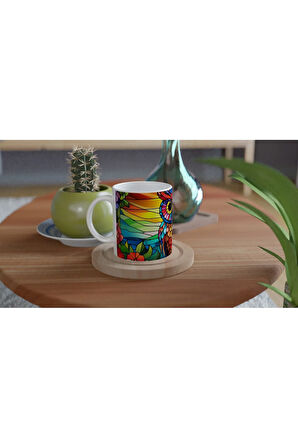 Renkli Vitray Baykuş Temalı Baskılı Kupa Bardak