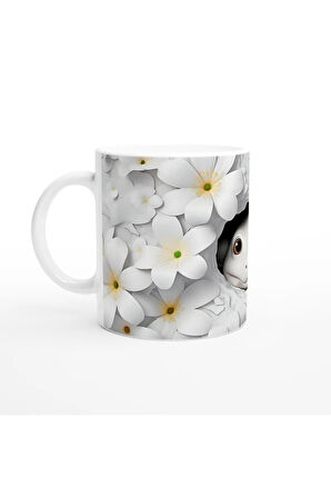 Beyaz Çiçekler Arasında Sevimli Semender Temalı Baskılı Kupa Bardak