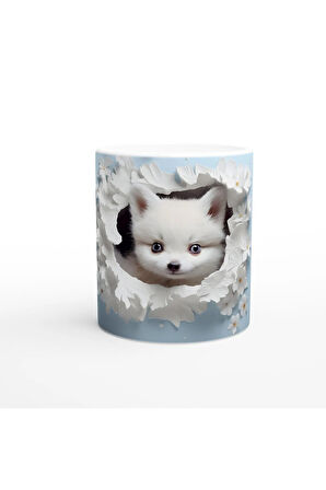 Çiçeklerle Çevrili Masum Pomeranian Temalı Baskılı Kupa Bardak